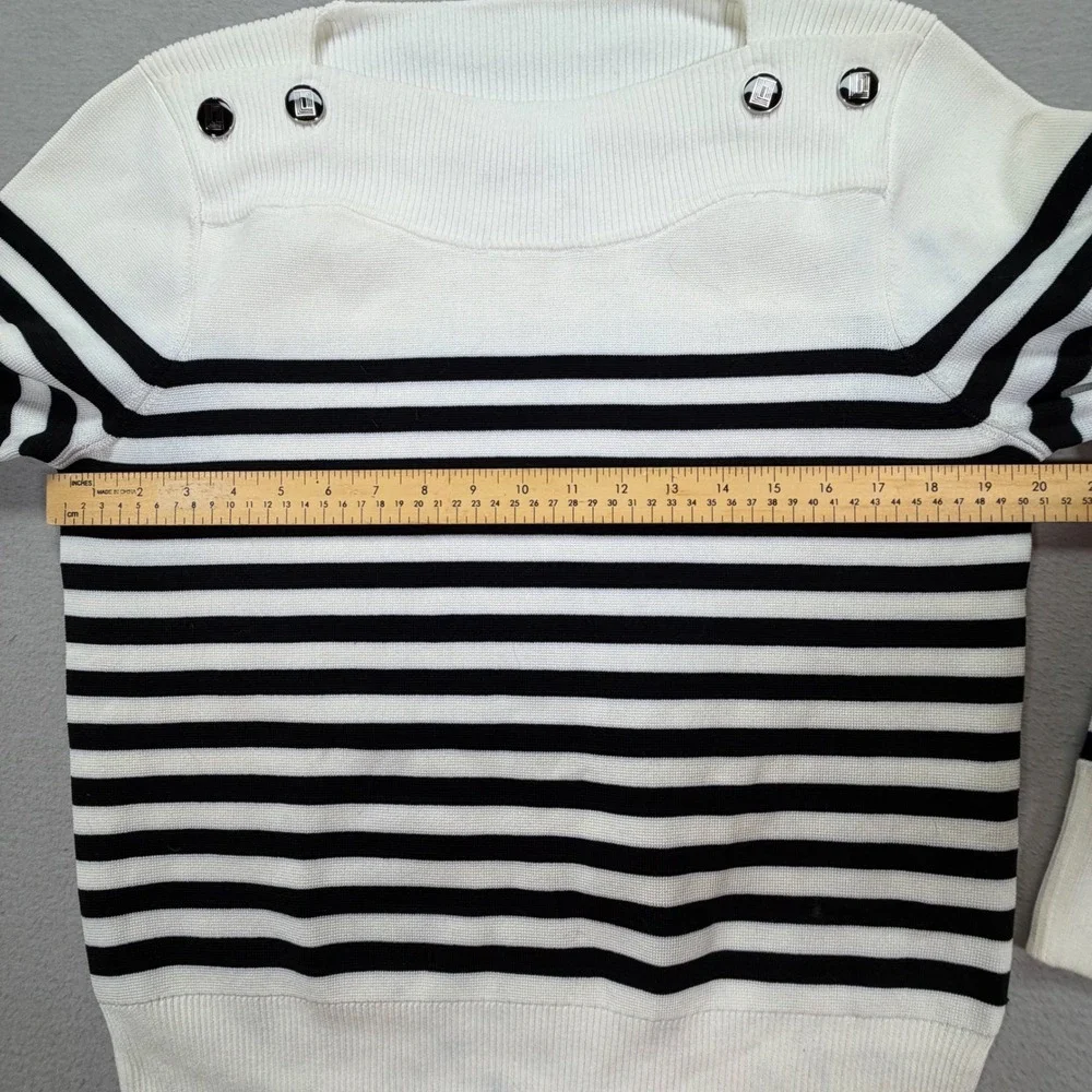 Karl Lagerfeld Sweater Womens M White Black Striped Button‎ Shoulder Knit